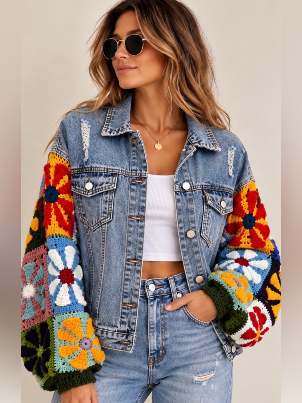 Original Crochet-Sleeve Denim Jacket - size S/M or L/XL - NWT